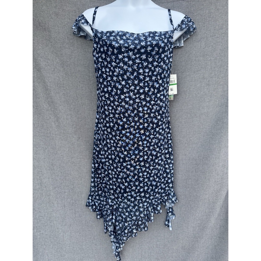 NWT Tinsel Town Blue Floral Coquette Midi Dress L Cottagecore Asymmetrical